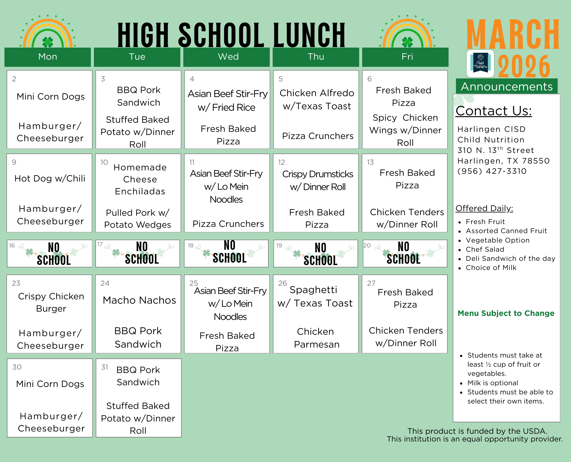 High School Updated Menu 12/9/25